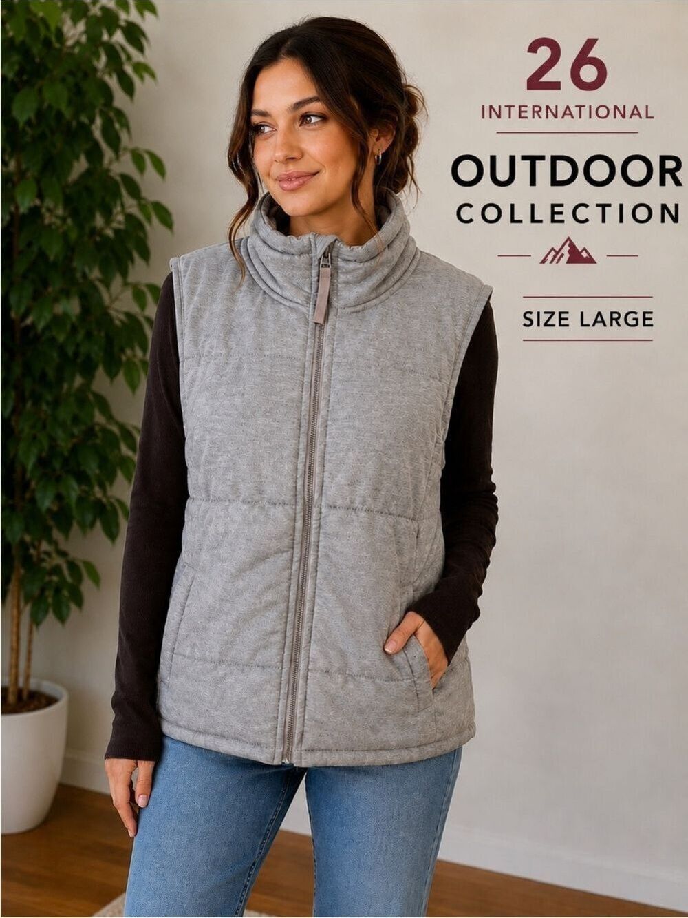 26 International Outdoor Collection Gray Quilted Puffer Vest Size Large